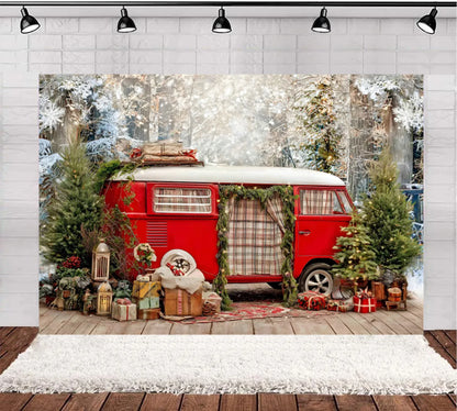 Christmas Photography Background Winter Snowy Pine Trees Mini Bus Camper Backdrop Xmas Gift Kids Winter Outdoor Photocall