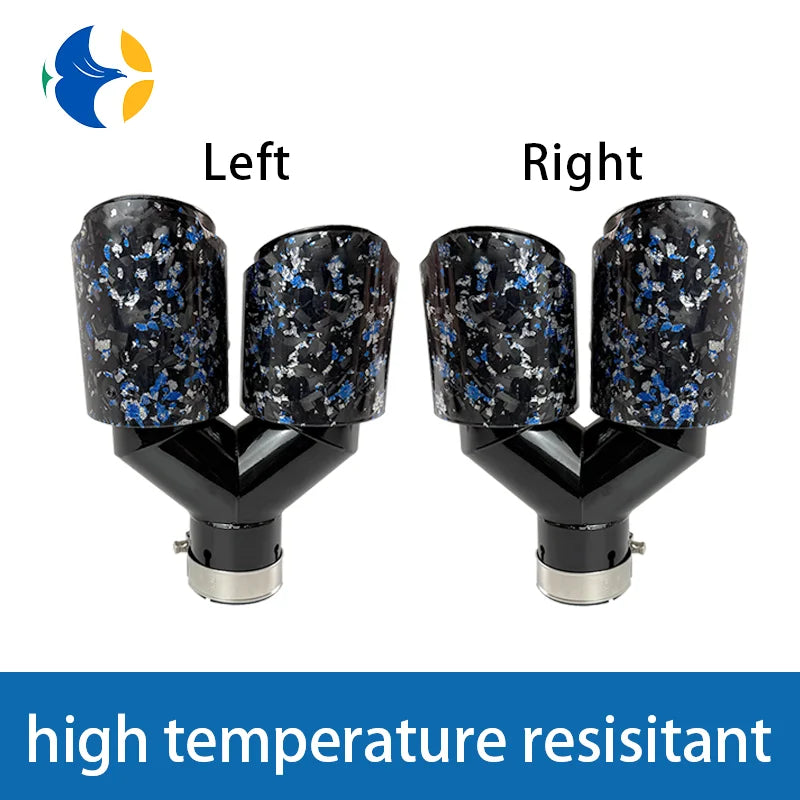 1 pcs AK Logo Blue Foil Forged Carbon Fiber + Black Stainless Steel Car Dual Exhaust Tip Double End Pipe Modification Muffler