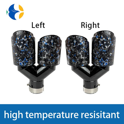 1 pcs AK Logo Blue Foil Forged Carbon Fiber + Black Stainless Steel Car Dual Exhaust Tip Double End Pipe Modification Muffler