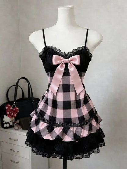 Summer Japanese Kawaii Sweet Mini Dress Women Plaid Strapless Lace Trim Elegant Sexy Dress Female Korean Chic Popular Clothes