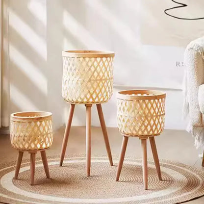 Flower Stand Nordic Solid Wood Rattan Living Room Sofa Side Table Floor-standing Bamboo Shelf Corner Balcony Flower Pot Shelf