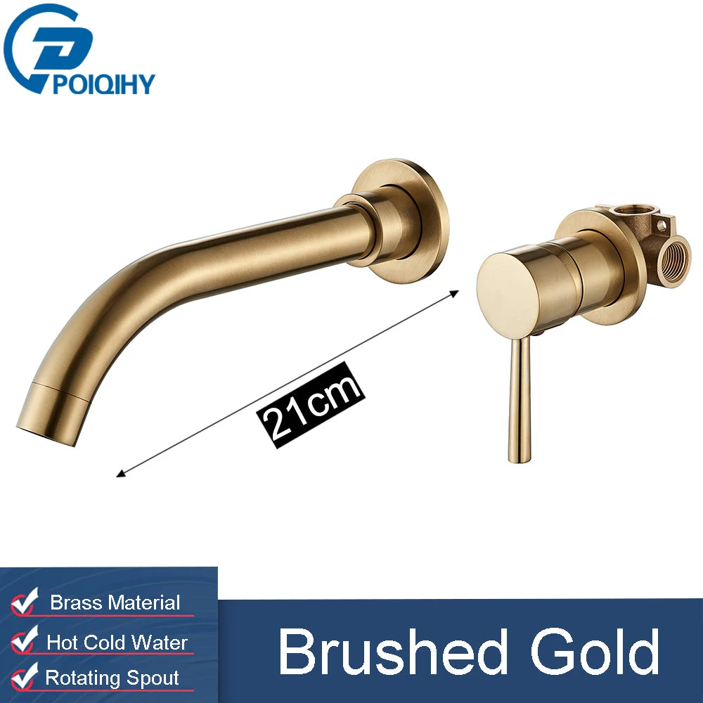 Golden Basin Faucet Bathroom Mixer Sink Tap Wall Mounted Hot Cold Water Tap Single Handle Rotating Spout Bathroom Faucet