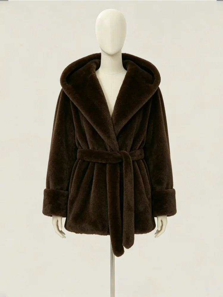 IG Women Dark Brown Hooded Faux Fur Coat Waist Tie Belt Wrap Front Mid Short Plush Fluffy Jacket Cuffed Sleeve Luxury Warm