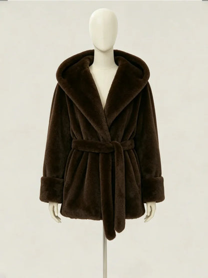 IG Women Dark Brown Hooded Faux Fur Coat Waist Tie Belt Wrap Front Mid Short Plush Fluffy Jacket Cuffed Sleeve Luxury Warm