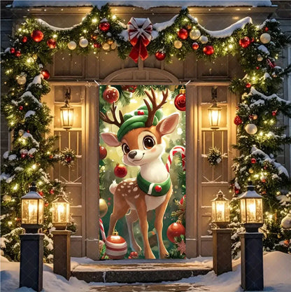 Christmas Theme Santa And Elk Backdrops Snowman Hanging Door Banner Indoor Outdoor Veranda Xmas Curtain Cover Festive Supplies