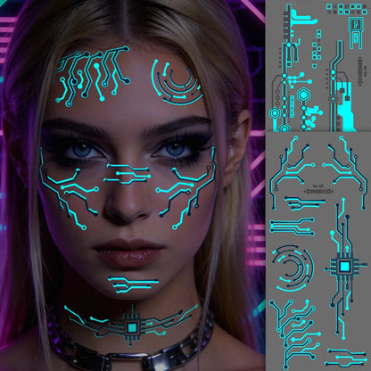 2 Sheets Large Glow In Dark Cyberpunk Mechanical Temporary Tattoos Sci-Fi Robot Line Waterproof Stickers for Cosplay Party