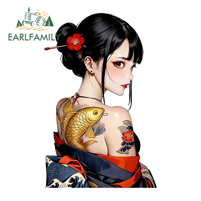 EARLFAMILY Tattooed Geisha Motorcycle Stickers Character Campervan Rear Windshield Decal Simple Practical Sunscreen DIY Car Body