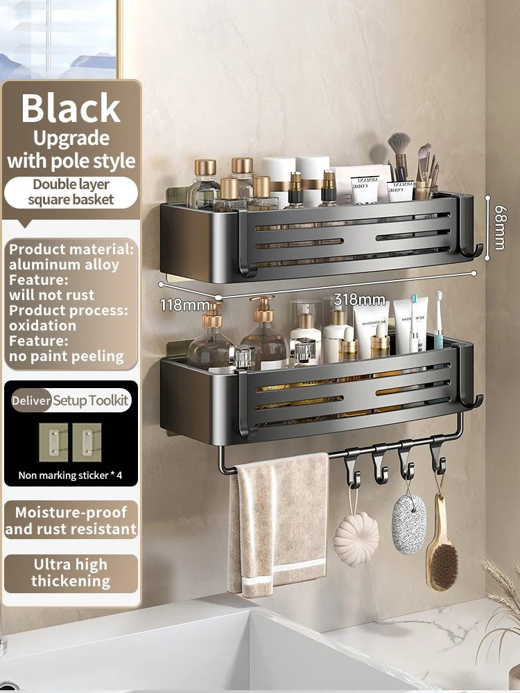 No Need To Drill Wall for Installation Aluminum Bathroom Shelf Shelves Shampoo Rack Storage Holder Kitchen Organizer Wall Rack