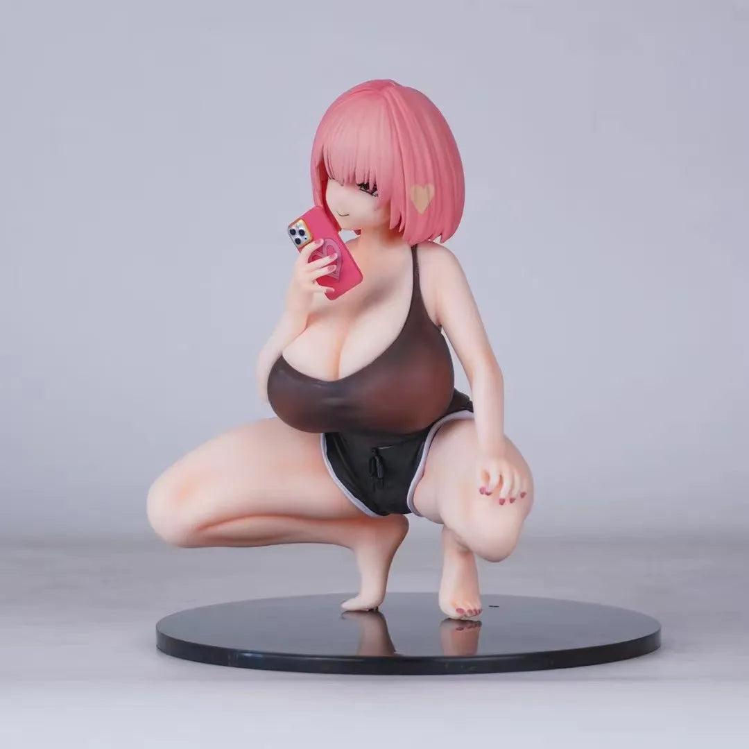 Sexy Pink-Haired Selfie Girl Figure, Two-Dimensional Beautiful Girl Model in a Squatting Pose, Home Desktop Decoration Ornament