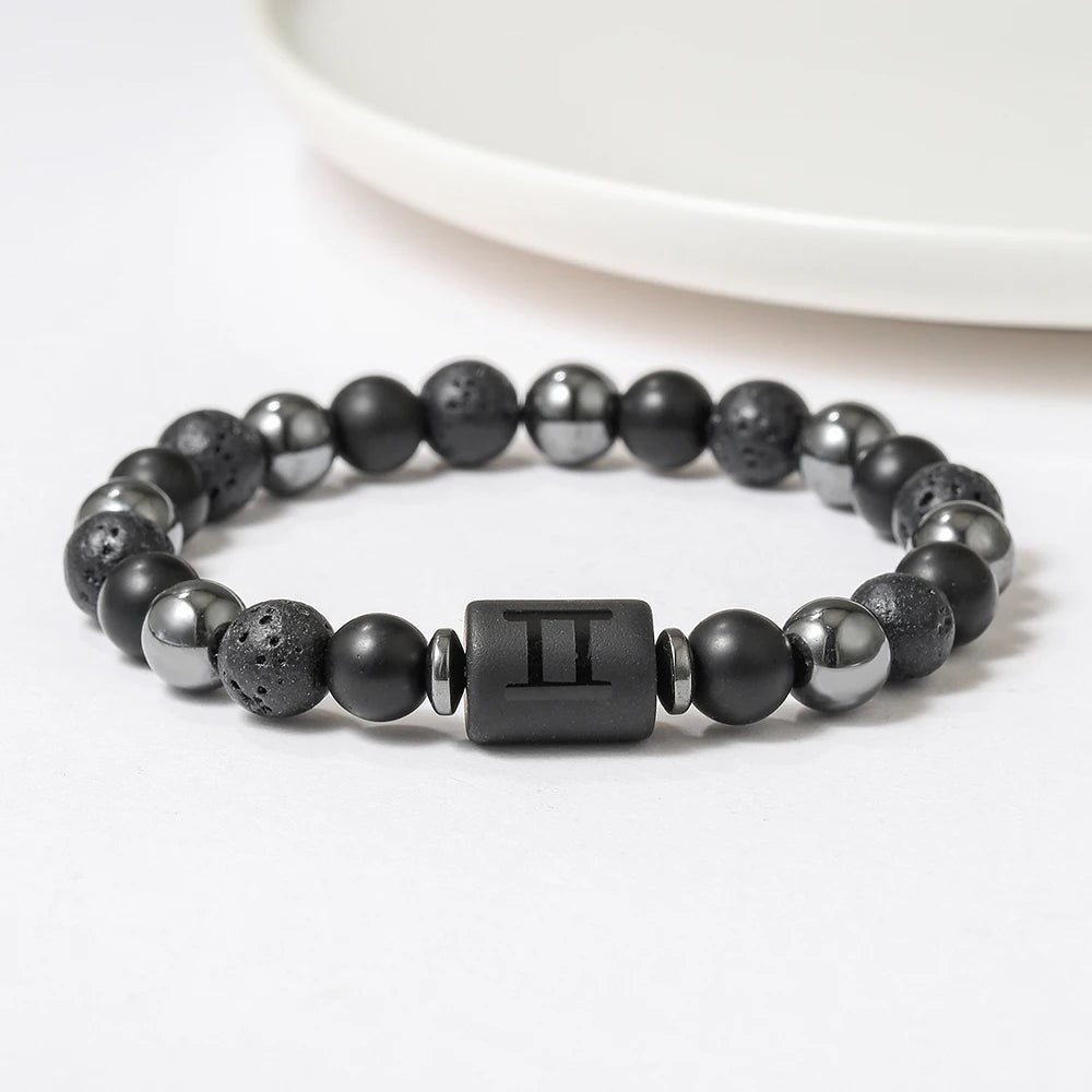 New Arrival 12 Zodiac Energy Bracelet Natural Volcanic Stone Black Retro Handmade Couple Beaded Jewelry
