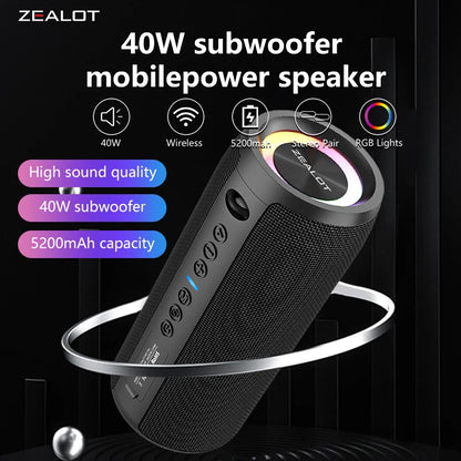 ZEALOT S51 Pro 40W Wireless Speakers, Outdoor Portable Subwoofer Speaker, Waterproof IPX 6,  Dual Pairing,5200mAh Battery.