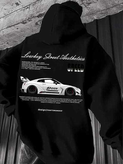 2026 New Arrival Sports Car Graphic Hoodie for Men White Street Racing Aesthetic Pullover with SPFRD Letter Print Streetwear