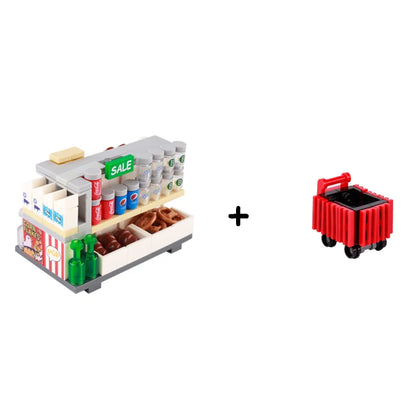 MOC City Supermarket Shop Store Building Blocks Street View Drink Food Vegetable Food Accessories Dessert Blocks Printed Bricks