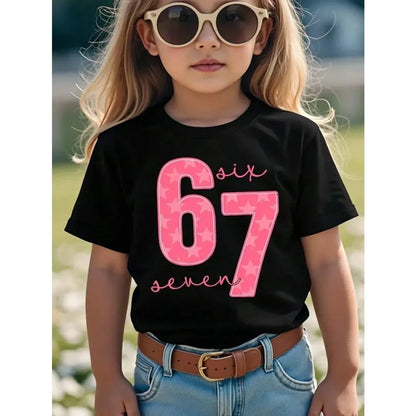 Children's 67 Christmas Elf Print Girls Short Sleeve Round Neck Tee Parties Casual Wear Comfort Children Clothes Girl Clothing