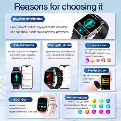 2026 New ECG+PPG Health AI Diagnosis Analysis Smart Watch Blood Lipid Uric Acid Tracker Clock NFC Bluetooth Call Watch Men Women
