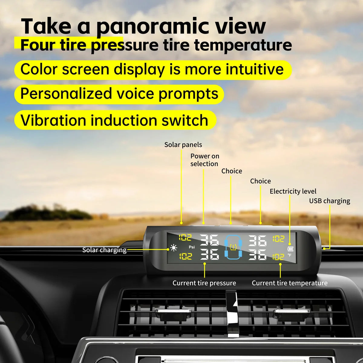 TPMS Solar Powered Car Tire Pressure Monitoring System with 4 Wheel Internal External Sensors Tyre Auto Security Alarm Tester