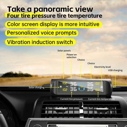 TPMS Solar Powered Car Tire Pressure Monitoring System with 4 Wheel Internal External Sensors Tyre Auto Security Alarm Tester