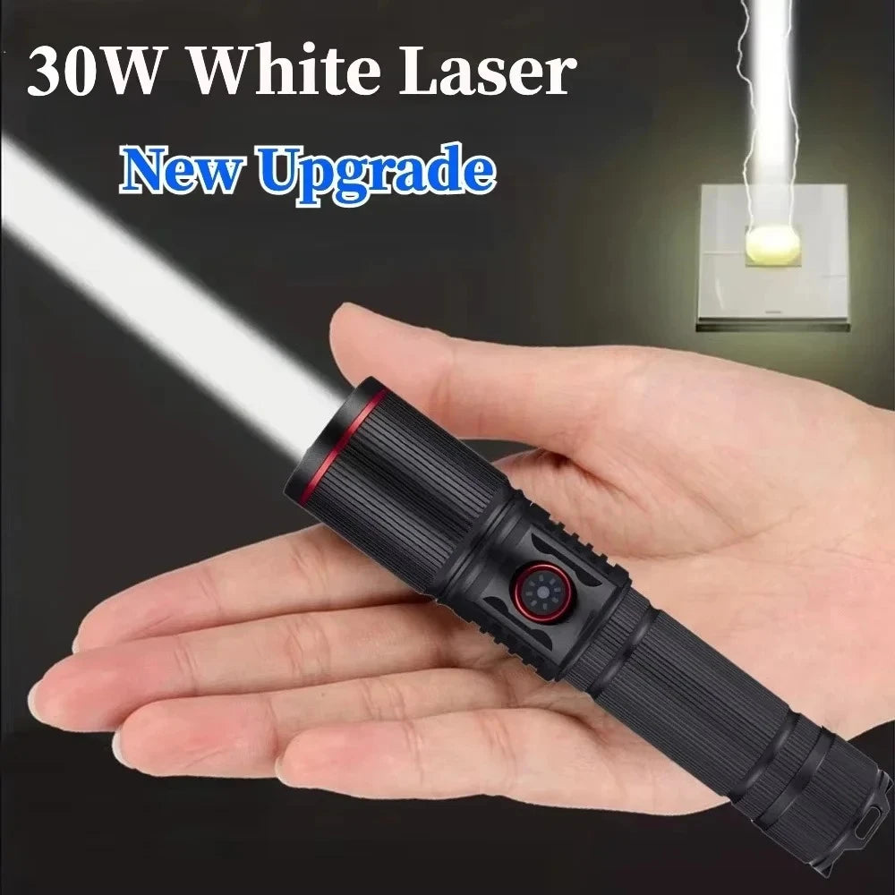 Portable Powerful White Laser LED Flashlight Tactical Zoom Torch USB Rechargeable 18650 Battery Camping Fishing Lantern