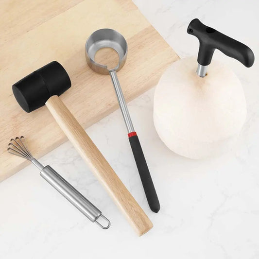 Stainless Steel Coconut Opener Tools Rubber Hammer Multi-functional Coconut Breaker Kit Wooden Handle Heavy Duty Coconut Puncher