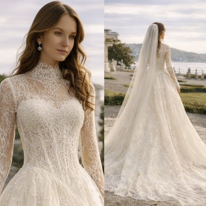 New Arrival Long Sleeve Wedding Dresses High Neck Luxury customized Vestidos De Novia Lace Vintage Bridal Gowns