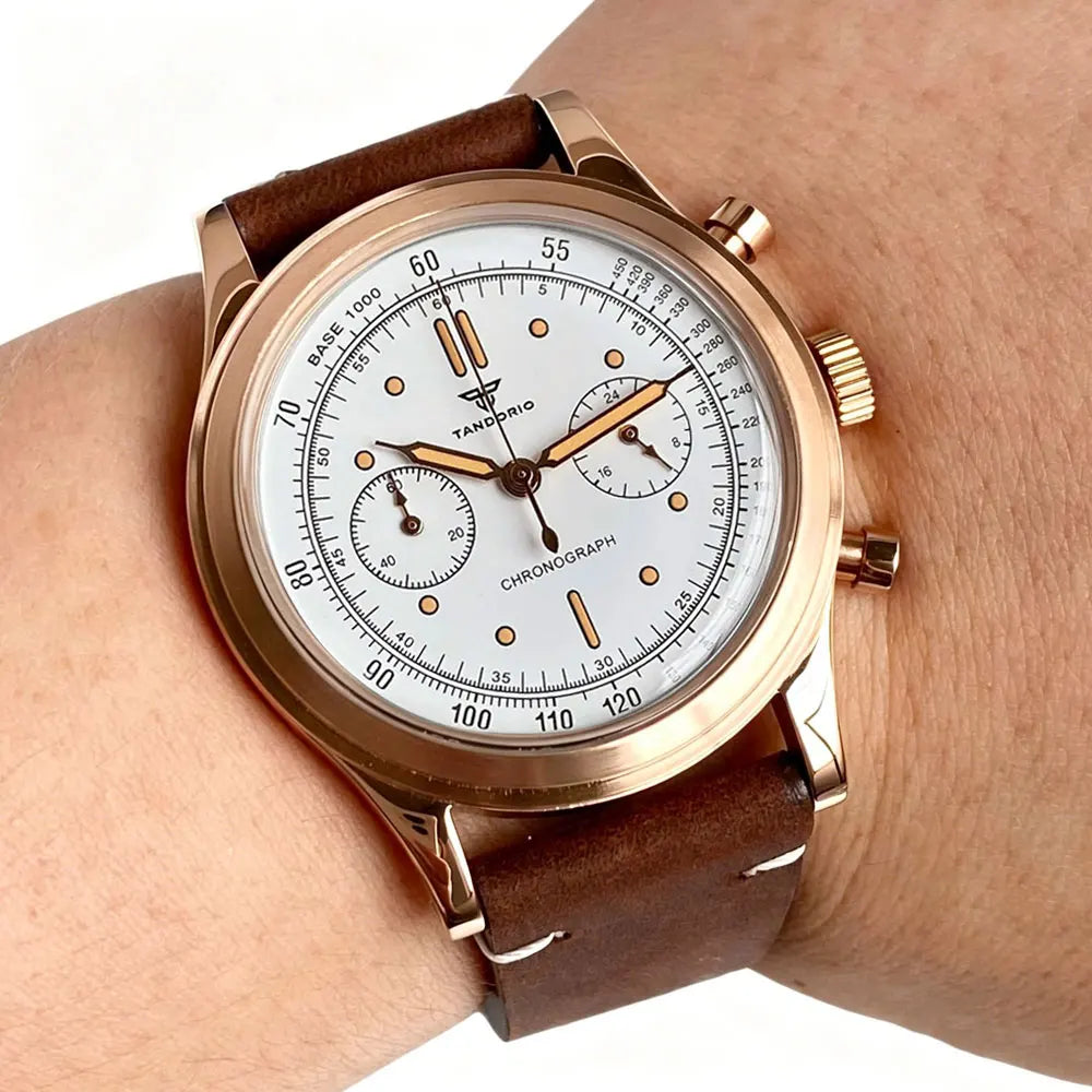 Rose Gold 38mm Tandorio Retro Men Watch Sport Watches Miyota OS20 Movement Chronograph Quartz Clock Black White Arched Glass