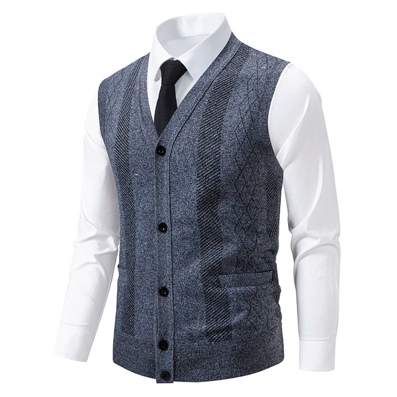 Mens Sleeveless Cardigan Knit Sweater Vest V Neck Button Down Cardigan Sweaters Knitted Dad's Argyle Vest with Pocket