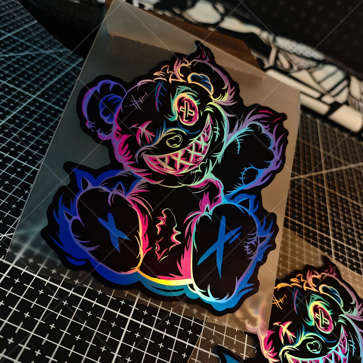 1PC Holographic Scary Bear Waterproof Vinyl Sticker For Car Motorcycle Helmet Laptop Decor Decal