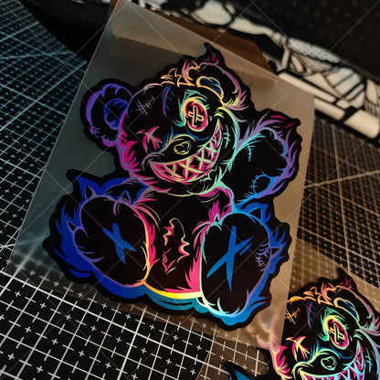 1PC Holographic Scary Bear Waterproof Vinyl Sticker For Car Motorcycle Helmet Laptop Decor Decal