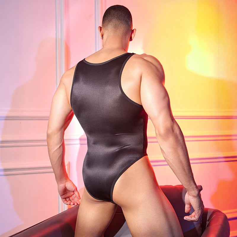 Hot Sexy Oil Glossy Shiny Penis Sheath Bodysuit Men One Pieces Thong Gays Tights Exotic Lingerie Leotard Sissy Sex Porno Clothes