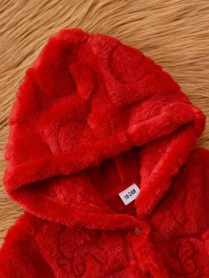 Cozy Solid-Color Fleece Hooded Jacket for Girls, Featuring Heart Patterns – Sweet Winter Fashion with Buttons, Ideal for Outdoor