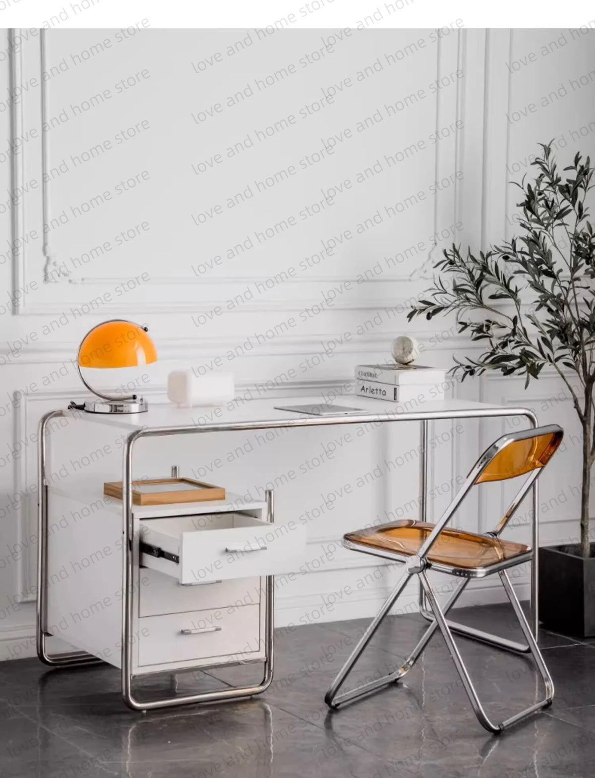 Bauhaus Stainless Steel Desk Compact Tubular Steel MDF with Drawer Compute Desk Office Desk