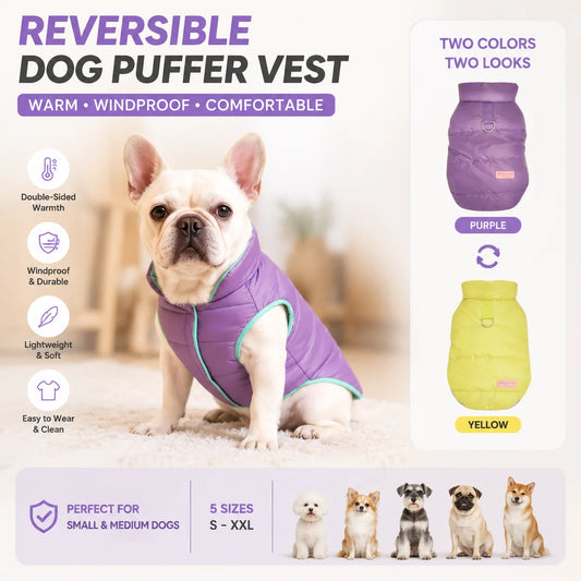 Reversible Dog Puffer Vest, Warm Windproof Jacket for Small Dogs, Double Sided Winter Coat Puppy Clothes with Harness Hole