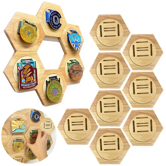 Wooden Medal Display Stand Hexagonal Cellular Design Sports Award Storage Box Creative Wall Decor Home Decoration