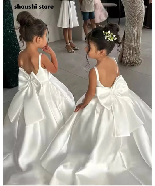 White Flower Girl Dress With Bow Strap Mini Bridal Wedding Dress Kids Ball Gown 1st Communion Frock Vestidos Customized