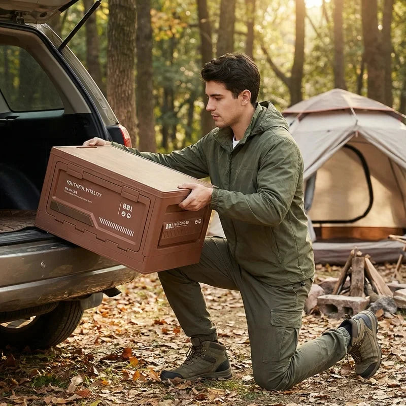 Wooden Lid Folding Storage Box Portable Outdoor Camping Organizer Industrial Storage Bin For Car Trunk Household