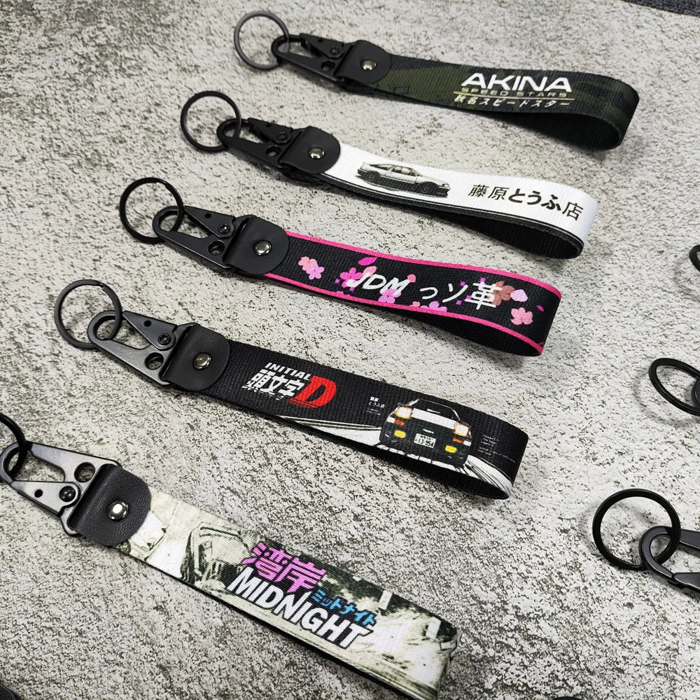 Newest JDM Style Car Keychain Nylon Initial D Gift Lanyard Keyring Auto Key Steel Spring Clip Key Starp Key Pendant