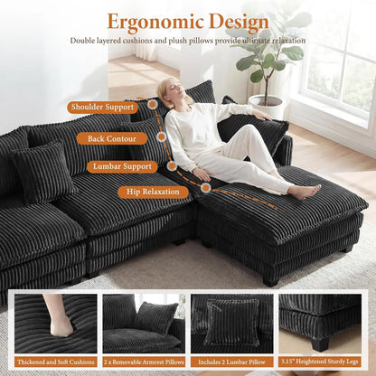 143" L Shape Modular Sectional Sofa Corduroy Upholstery Cloud Living Room 3 Seat Movable Ottoman Pillows Dark Grey Custom