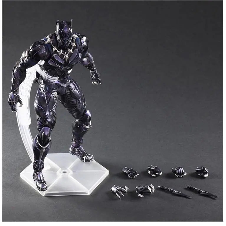 Iron Man, War Machine, Spider-Man, Captain America, Black Panther. Marvel action figures.