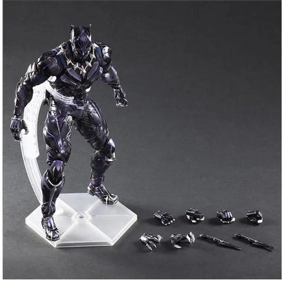 Iron Man, War Machine, Spider-Man, Captain America, Black Panther. Marvel action figures.