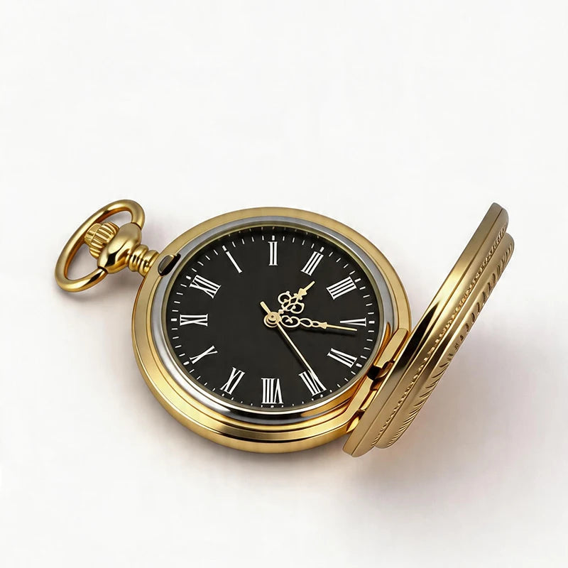 Mens Vintage Gold Pocket Watch Roman Numeral Black Dial Quartz Pocket Watch Classic Retro Pocket Watch Casual Dress Wristwatch