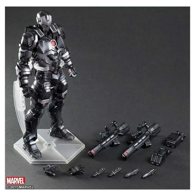Iron Man, War Machine, Spider-Man, Captain America, Black Panther. Marvel action figures.