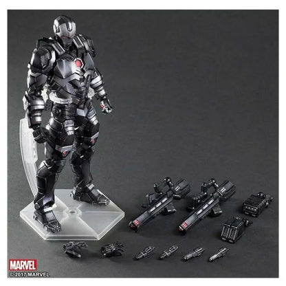 Iron Man, War Machine, Spider-Man, Captain America, Black Panther. Marvel action figures.
