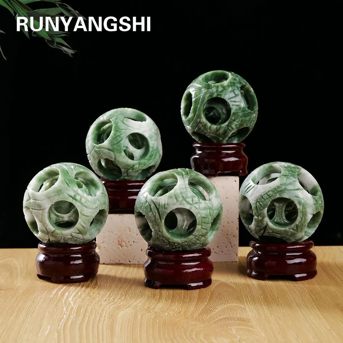 1pc Hand-Carved Lushan Jade Hollow Ball Reiki Energy Crystal Figurine St. Patrick's Theme for Home Decor Healing