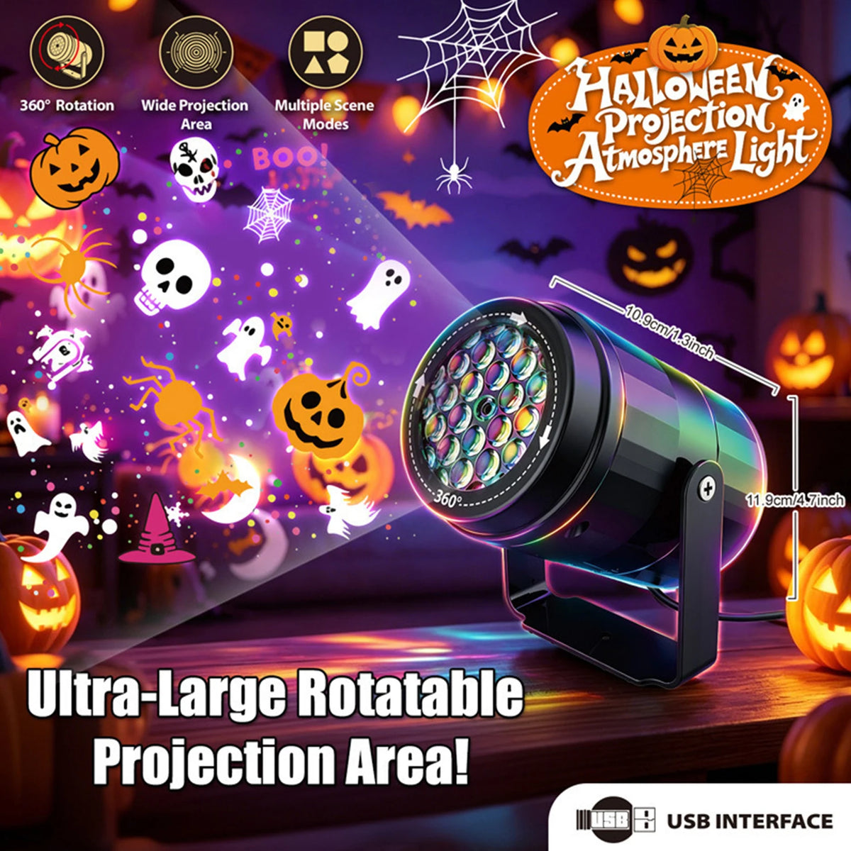USB Projector Light Halloween Night Light Switchable Pattern LED Projector Lamp for Room Ceiling Window Wall Decor