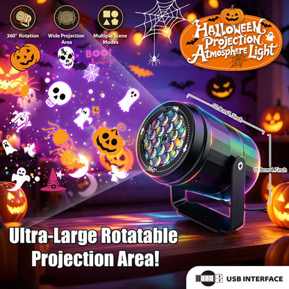USB Projector Light Halloween Night Light Switchable Pattern LED Projector Lamp for Room Ceiling Window Wall Decor
