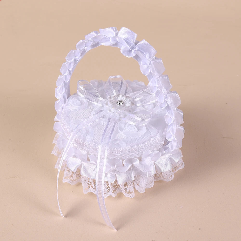 White Lace Heart Shaped Wedding Ring Box with Handle, Bridal Ring Bearer Pillow Box for Ceremony, Engagement Ring Holder Gift
