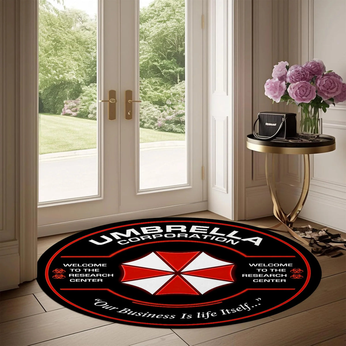 Resident Evil Umbrella Corporation Round Floor Mat, Welcome to the Research Center Non-Slip Rug