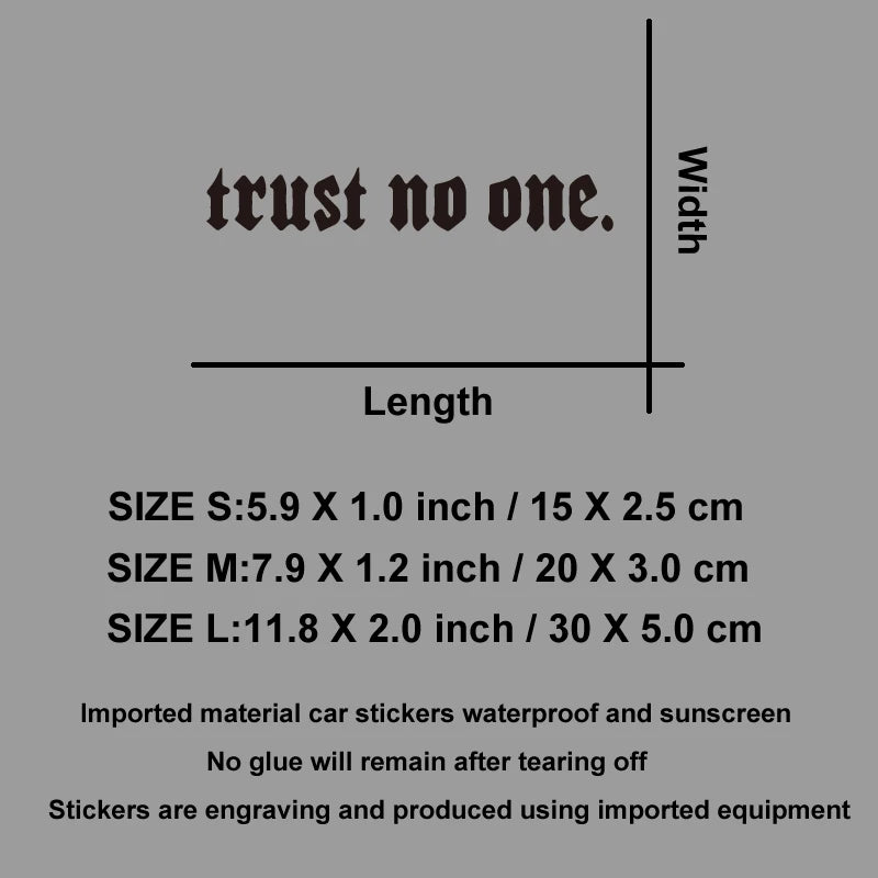 Edgy Trust No One Gothic Vinyl Car Sticker, Durable Weatherproof Quote Decal for Car Window, Fuel Tank, Door, Dark Auto Decor