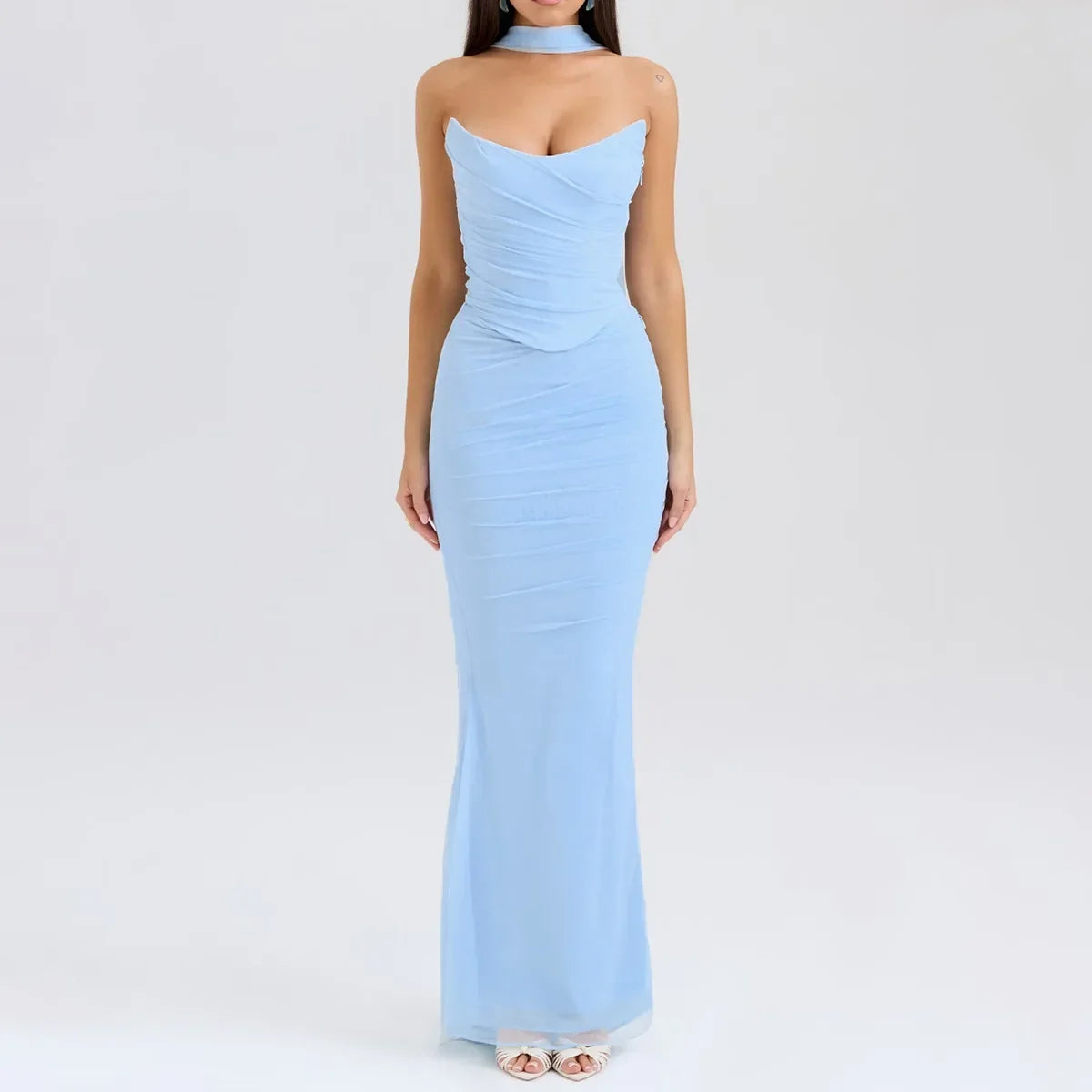 BWQ Elegant 2 Pieces Dress Set with Scarf Women Fashion Matching Sets Sexy Cropped Top and Long Dress Set Casual Dress 2026