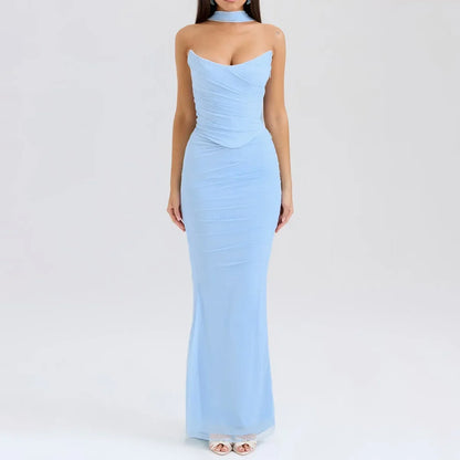 BWQ Elegant 2 Pieces Dress Set with Scarf Women Fashion Matching Sets Sexy Cropped Top and Long Dress Set Casual Dress 2026